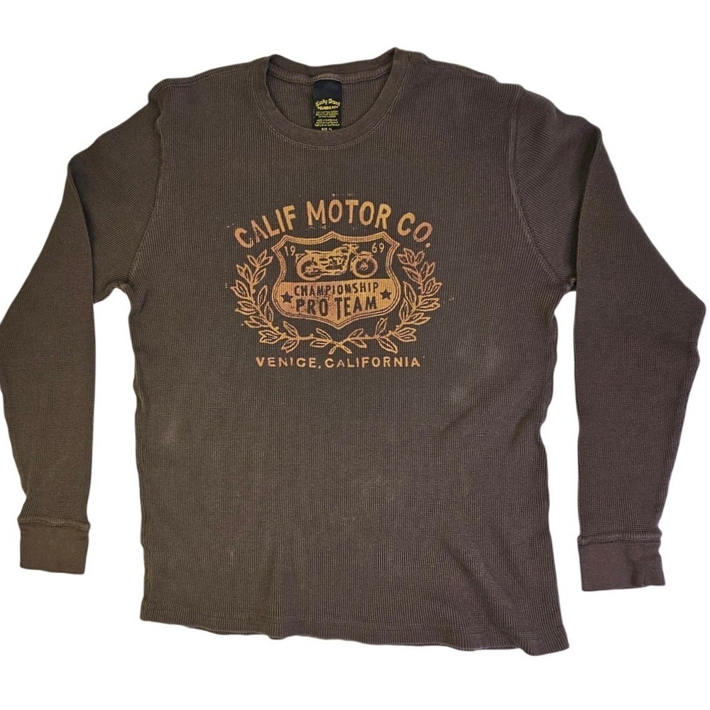 Lucky Brand Mens XL Brown Thermal Waffle Knit Calif Motor Co Graphic Tee Shirt